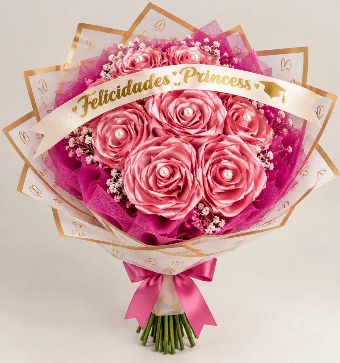 Ramo Eterno "Felicidades Princess" Rosado con Perlas