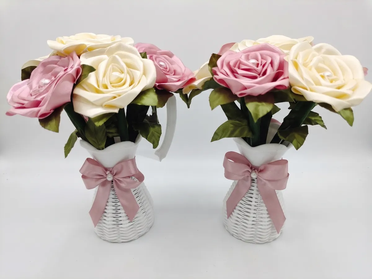 Set de Floreros Cerámicos con Rosas Artesanales